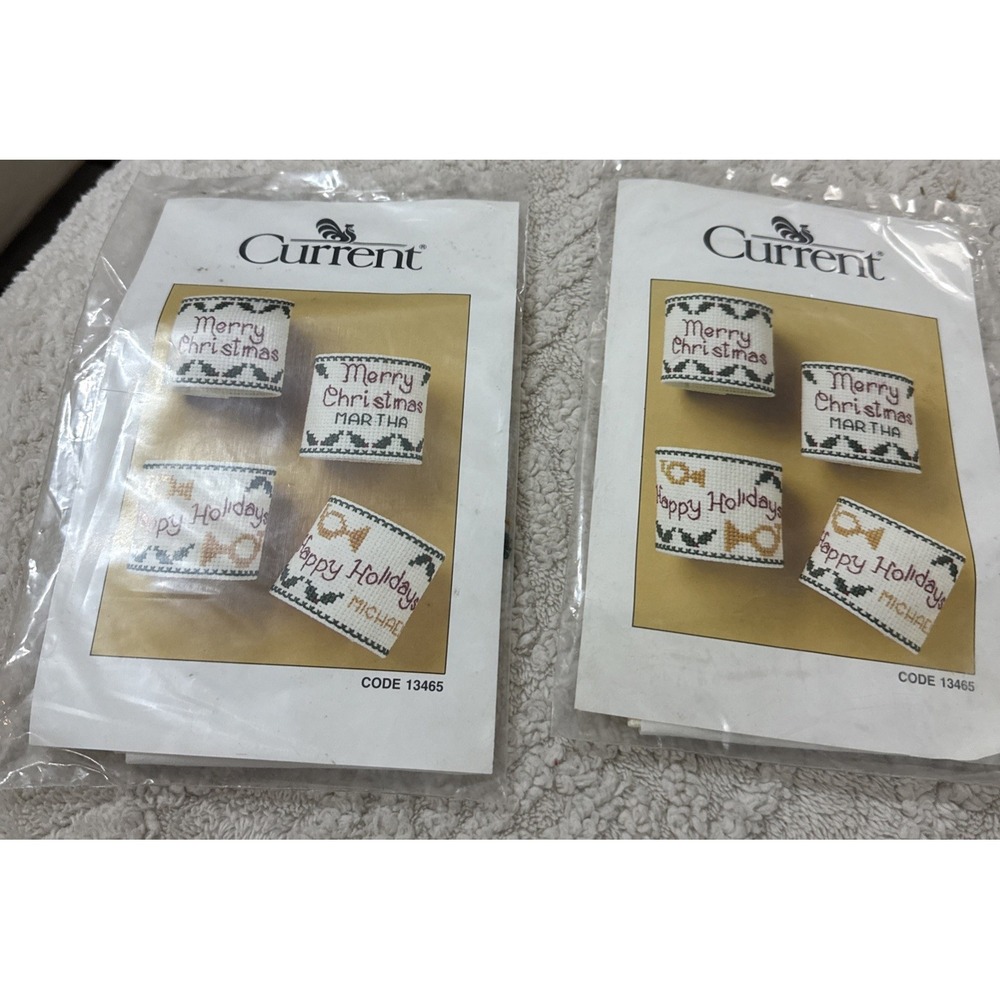 NEW! Lot of 2 Sets Vintage Current, Inc. Cross Stitch Napkin Rings Kit CHRISTMAS
